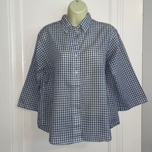 Vtg 60s/70s JCPenney blue‎ & white checked button down shirt with 3/4 sleeves